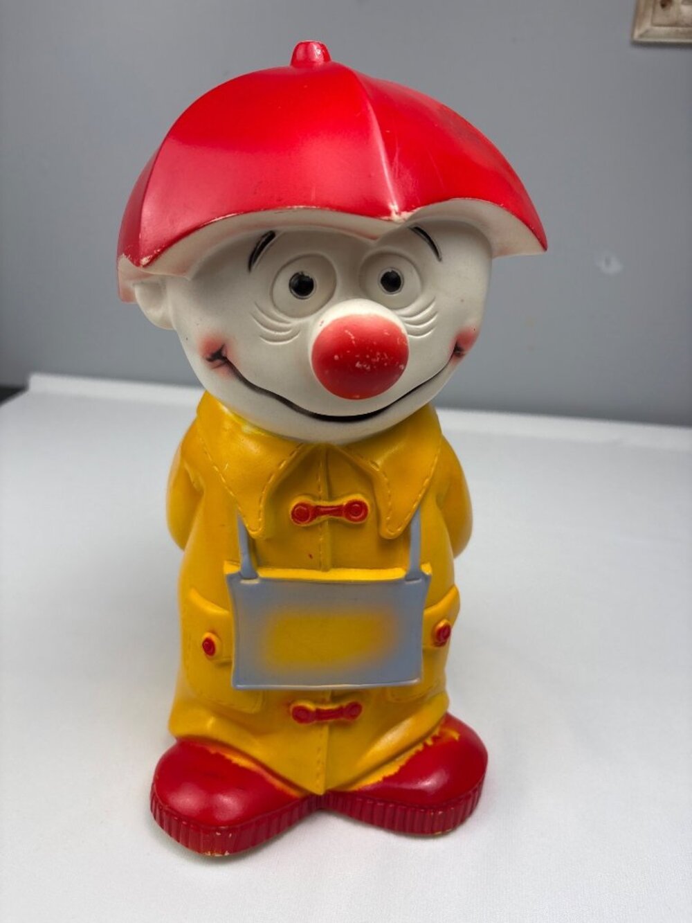 1971 Play Pal Plastics "For A Rainy Day" Clown Coin Bank 12" Red/Yellow Collecti - Picture 10 of 14